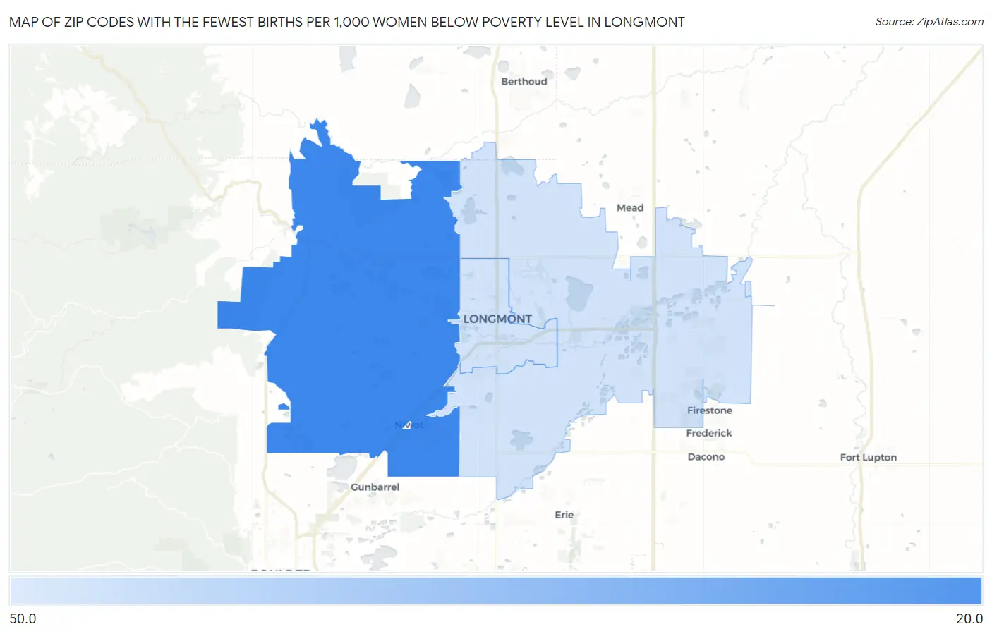 Zip Codes with the Fewest Births per 1,000 Women Below Poverty Level in Longmont Map