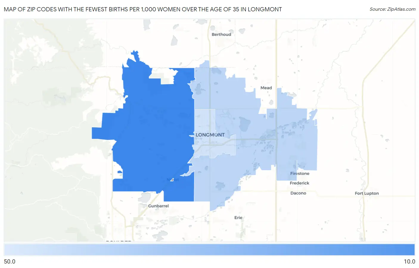Zip Codes with the Fewest Births per 1,000 Women Over the Age of 35 in Longmont Map