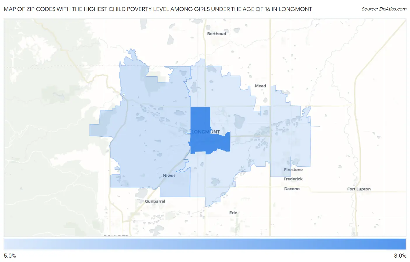 Zip Codes with the Highest Child Poverty Level Among Girls Under the Age of 16 in Longmont Map