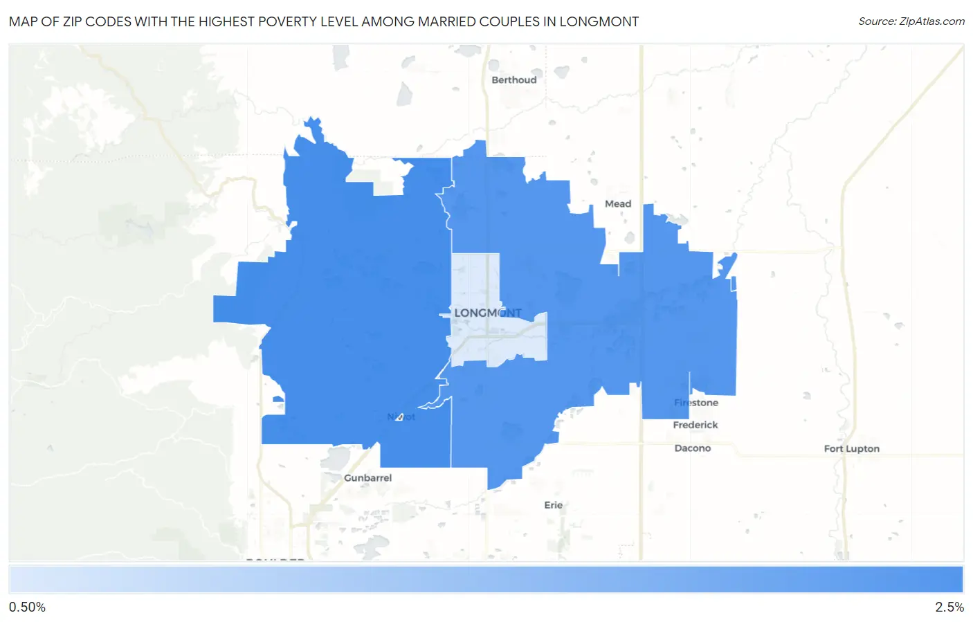Zip Codes with the Highest Poverty Level Among Married Couples in Longmont Map