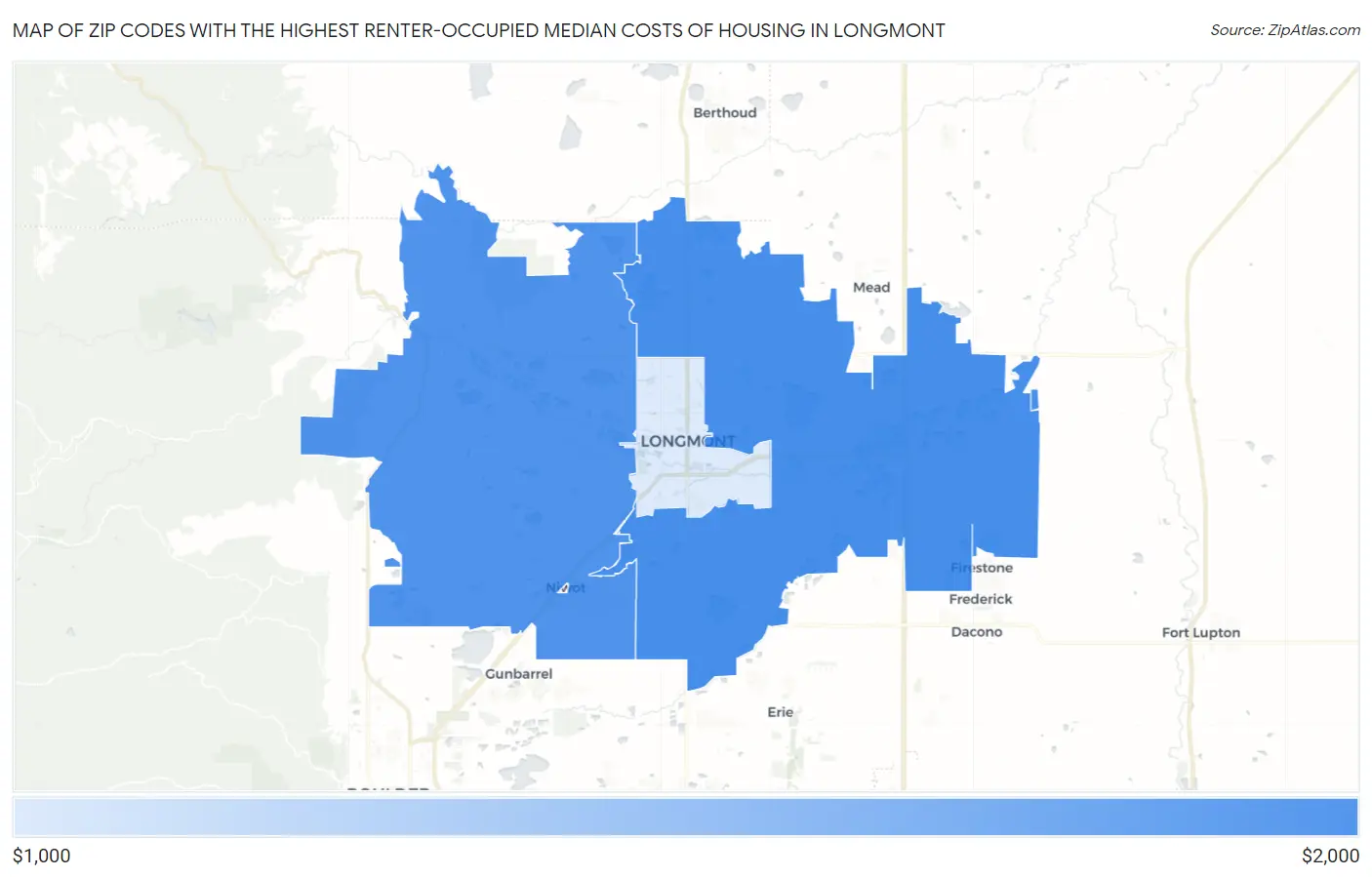 Zip Codes with the Highest Renter-Occupied Median Costs of Housing in Longmont Map