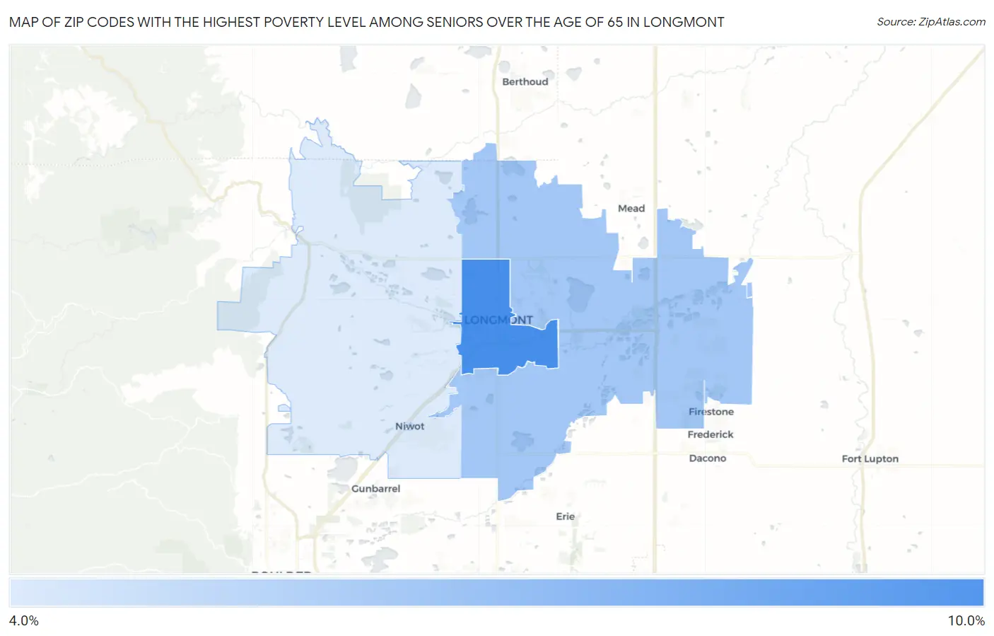Zip Codes with the Highest Poverty Level Among Seniors Over the Age of 65 in Longmont Map