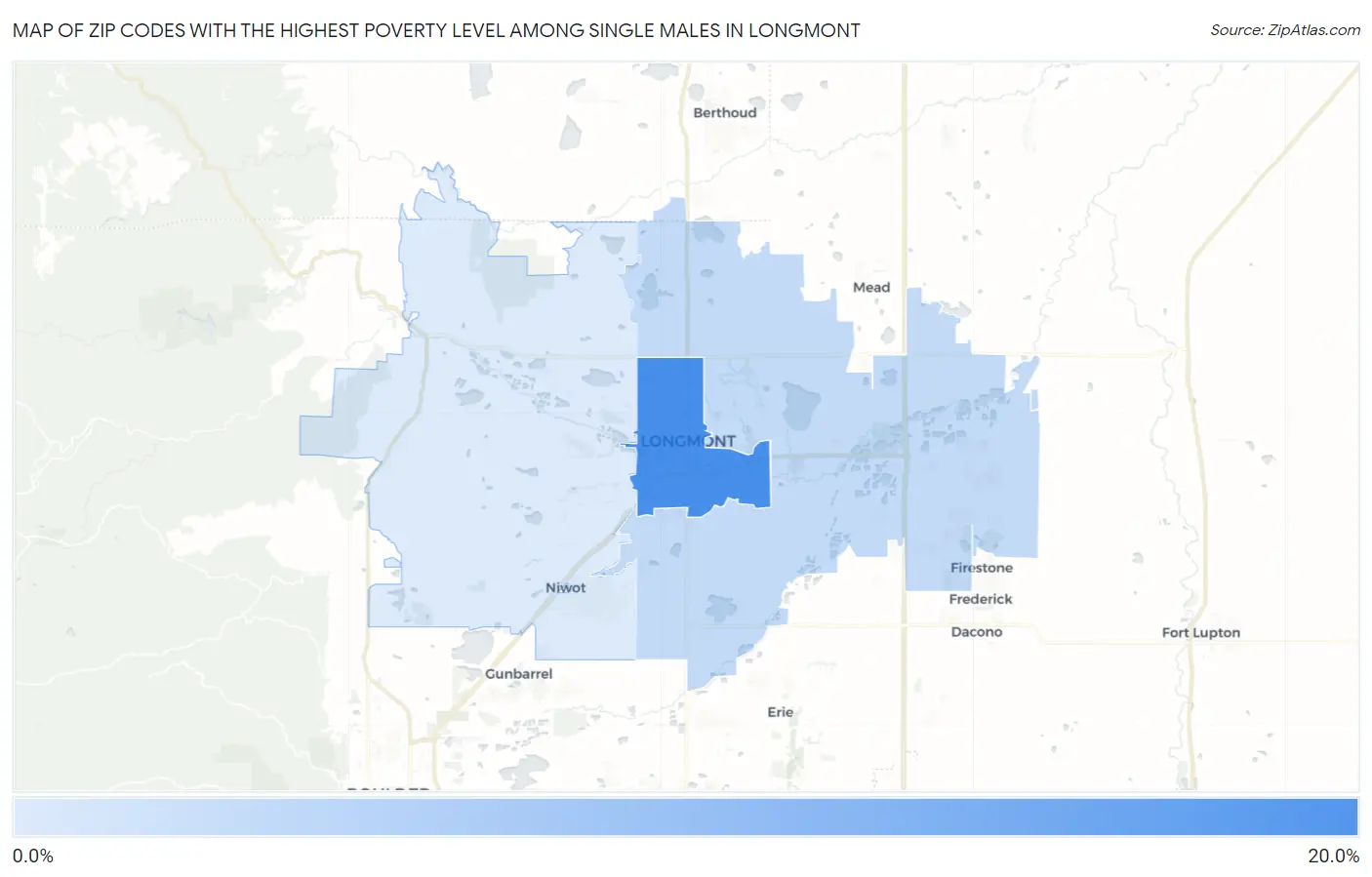 Zip Codes with the Highest Poverty Level Among Single Males in Longmont Map