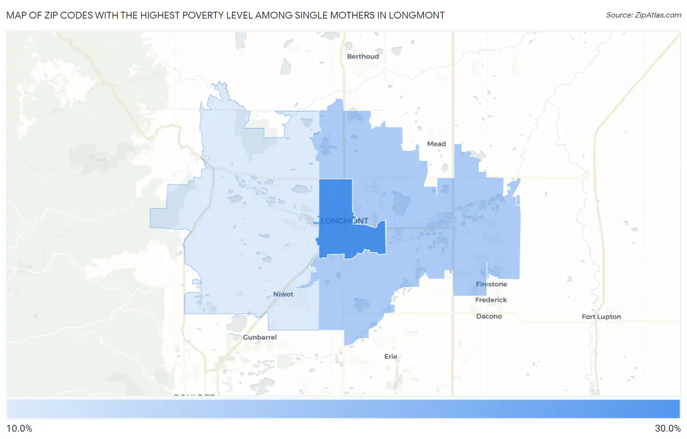 Zip Codes with the Highest Poverty Level Among Single Mothers in Longmont Map