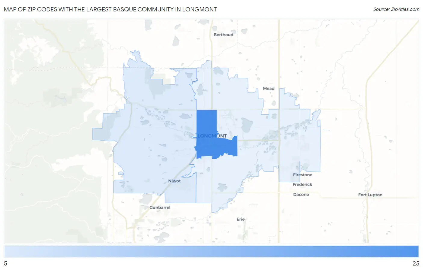 Zip Codes with the Largest Basque Community in Longmont Map