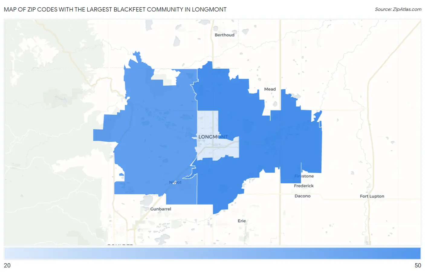 Zip Codes with the Largest Blackfeet Community in Longmont Map