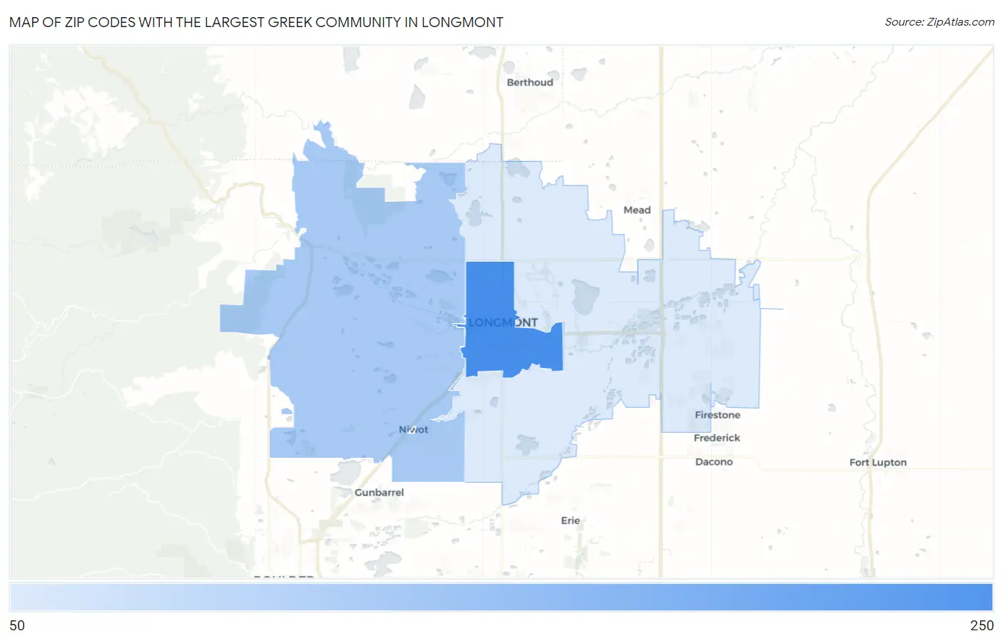 Zip Codes with the Largest Greek Community in Longmont Map