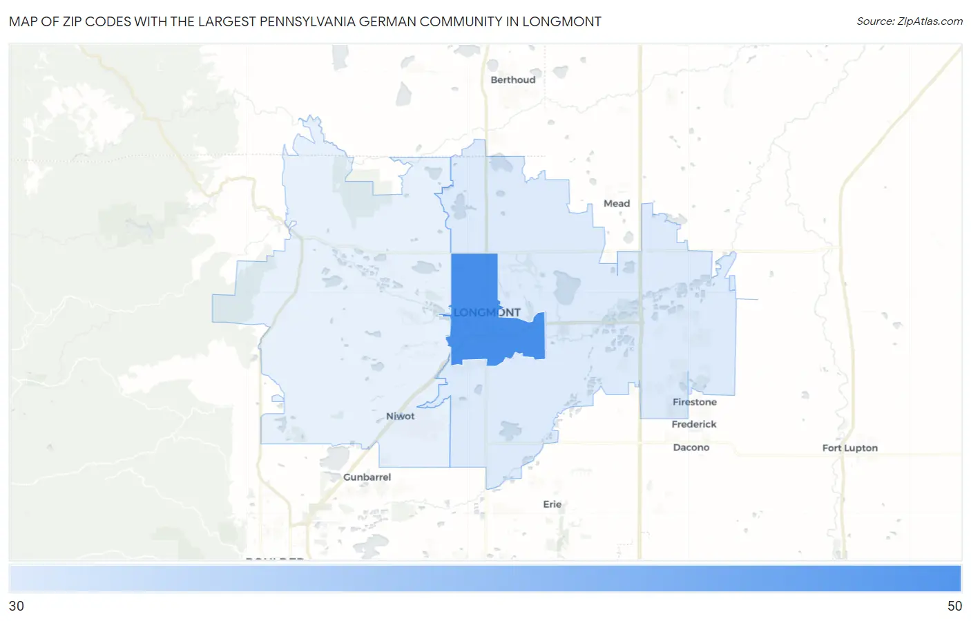 Zip Codes with the Largest Pennsylvania German Community in Longmont Map