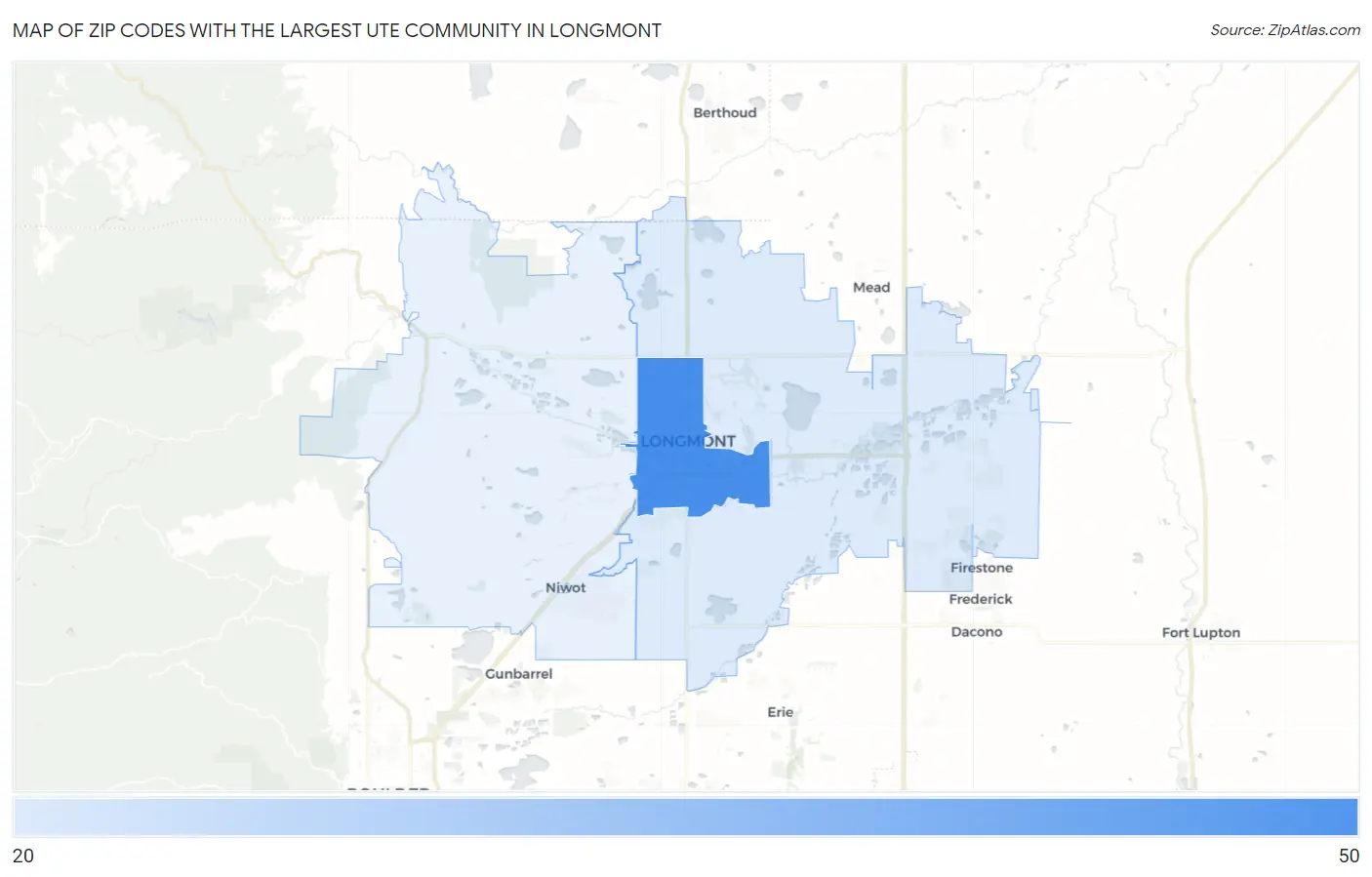 Zip Codes with the Largest Ute Community in Longmont Map