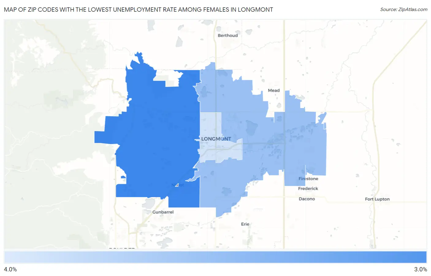 Zip Codes with the Lowest Unemployment Rate Among Females in Longmont Map