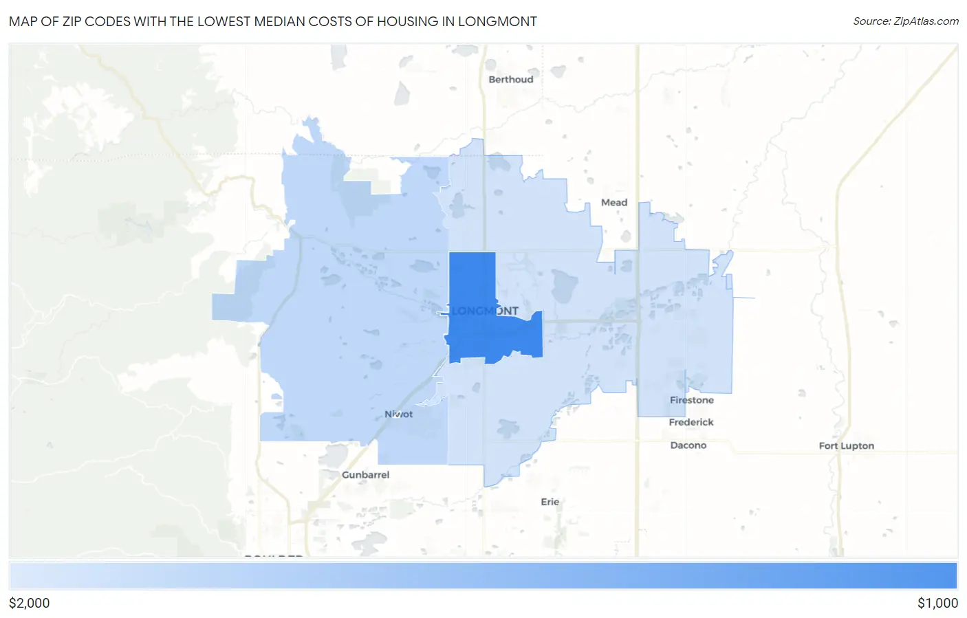 Zip Codes with the Lowest Median Costs of Housing in Longmont Map