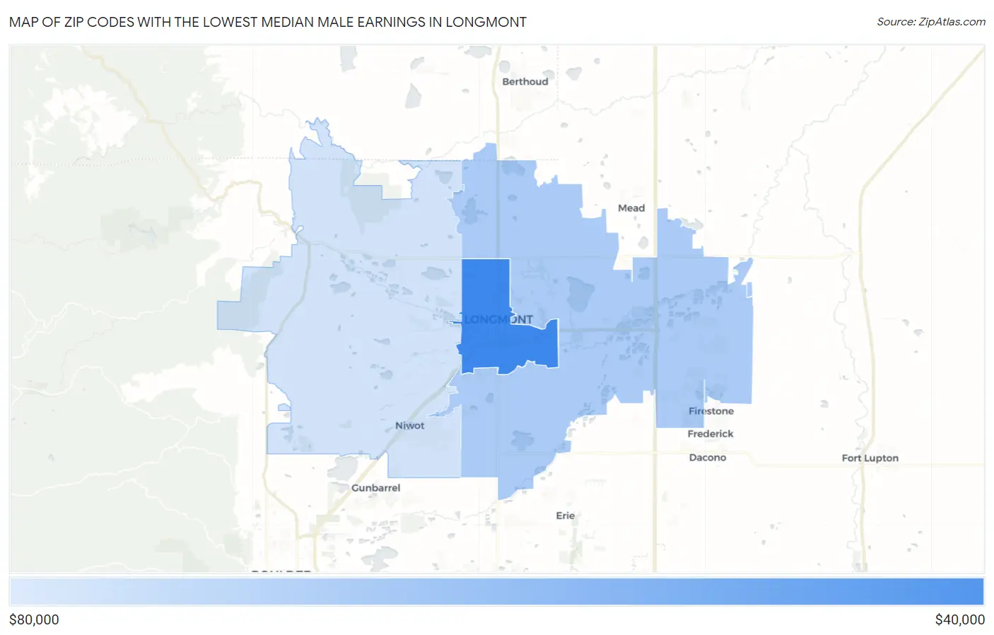Zip Codes with the Lowest Median Male Earnings in Longmont Map