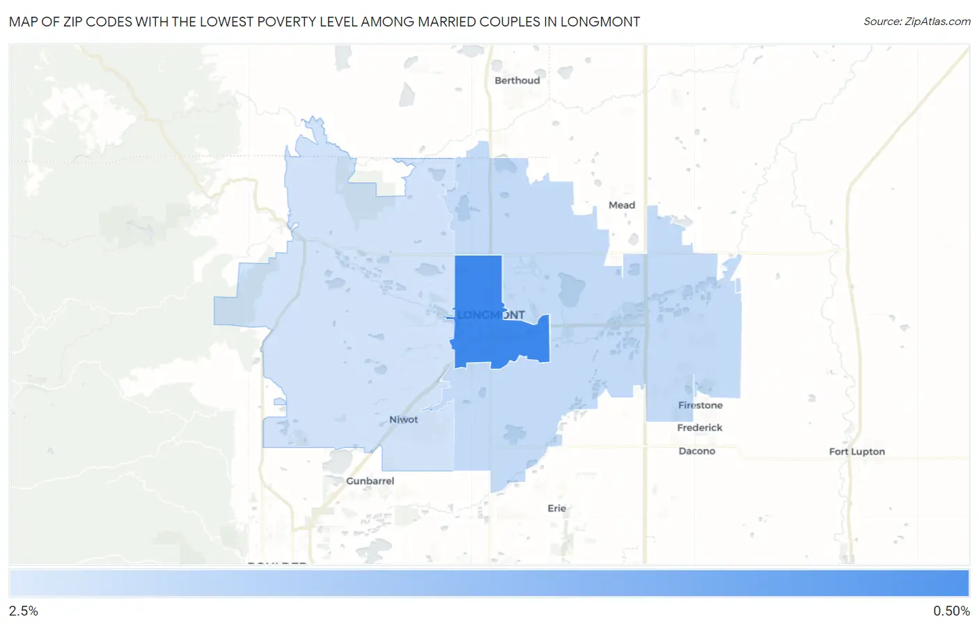 Zip Codes with the Lowest Poverty Level Among Married Couples in Longmont Map