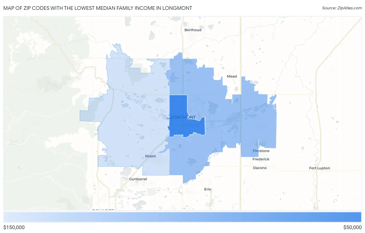 Zip Codes with the Lowest Median Family Income in Longmont Map