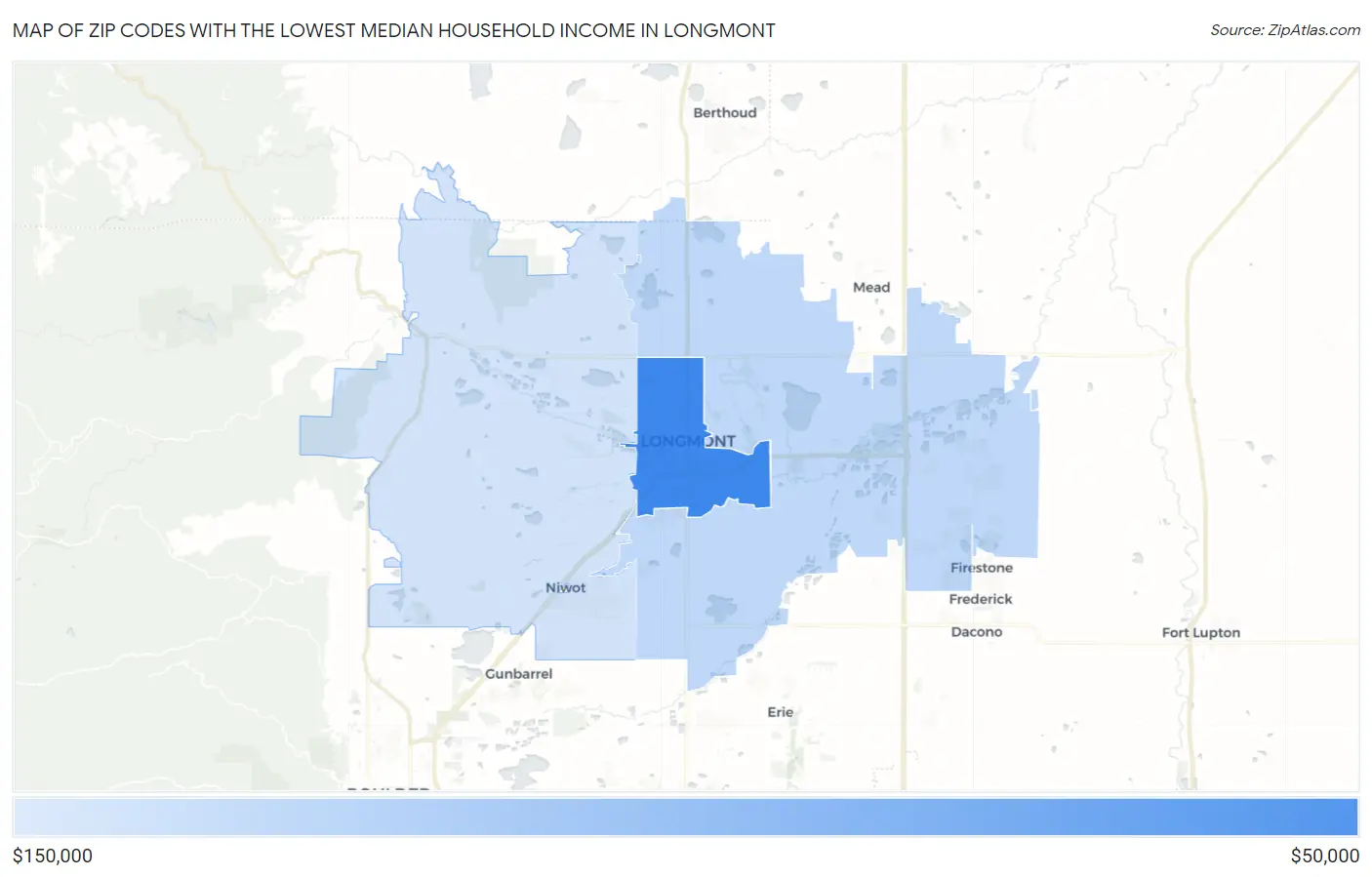 Zip Codes with the Lowest Median Household Income in Longmont Map