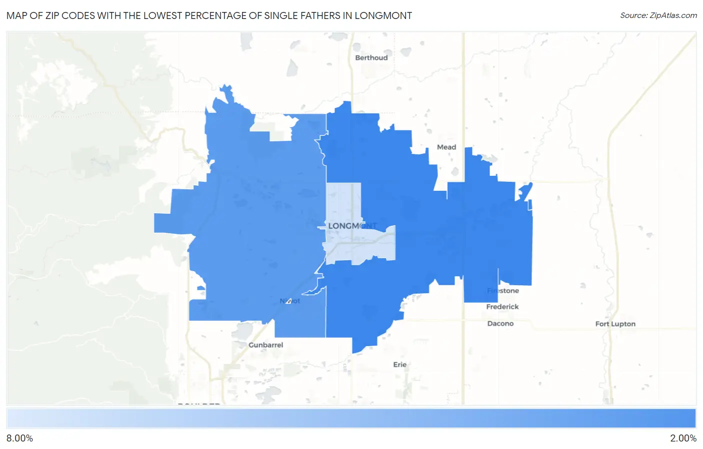 Zip Codes with the Lowest Percentage of Single Fathers in Longmont Map