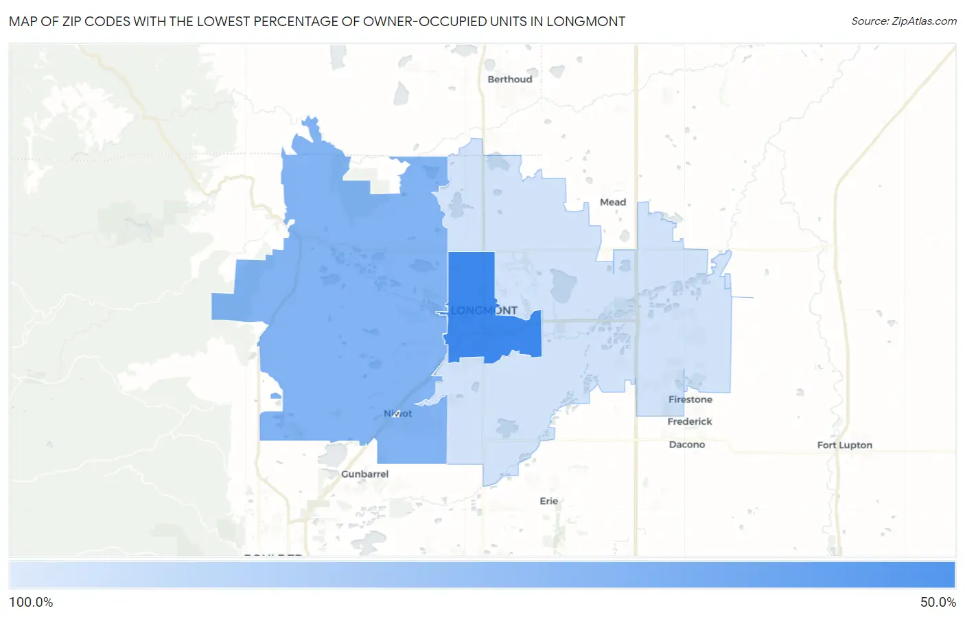 Zip Codes with the Lowest Percentage of Owner-Occupied Units in Longmont Map