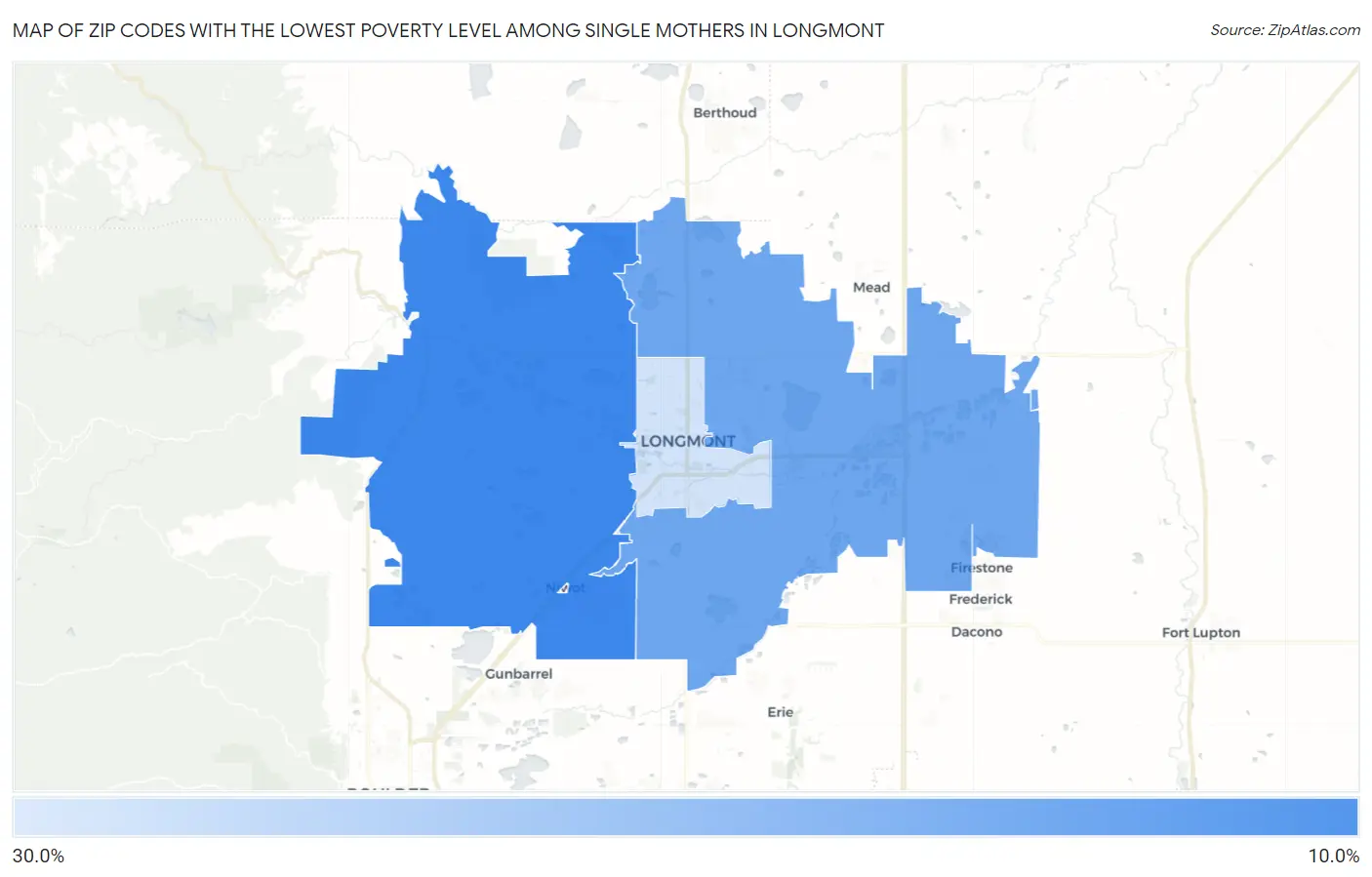 Zip Codes with the Lowest Poverty Level Among Single Mothers in Longmont Map