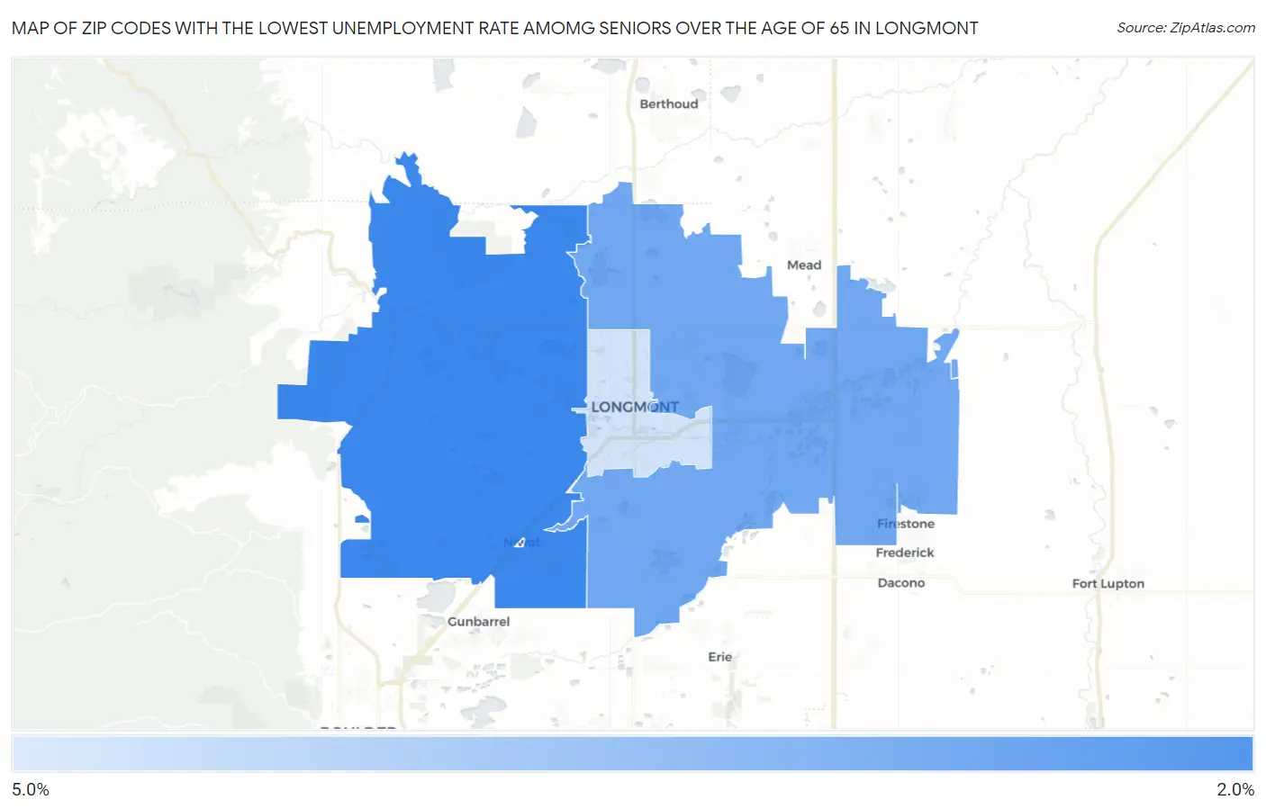 Zip Codes with the Lowest Unemployment Rate Amomg Seniors Over the Age of 65 in Longmont Map