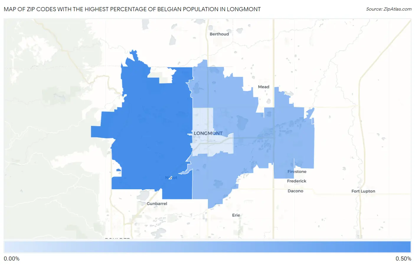 Zip Codes with the Highest Percentage of Belgian Population in Longmont Map