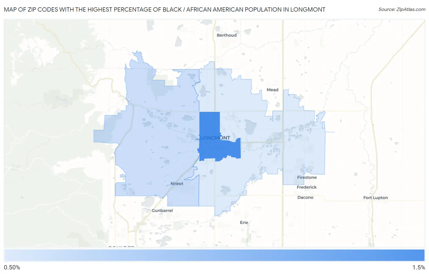 Zip Codes with the Highest Percentage of Black / African American Population in Longmont Map