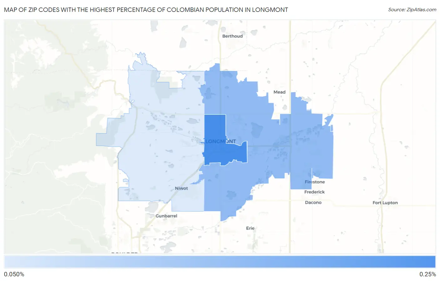 Zip Codes with the Highest Percentage of Colombian Population in Longmont Map