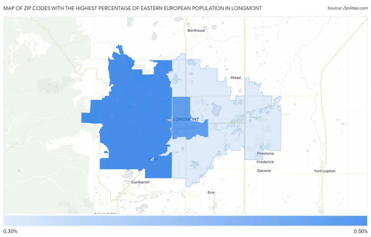 Zip Codes with the Highest Percentage of Eastern European Population in Longmont Map