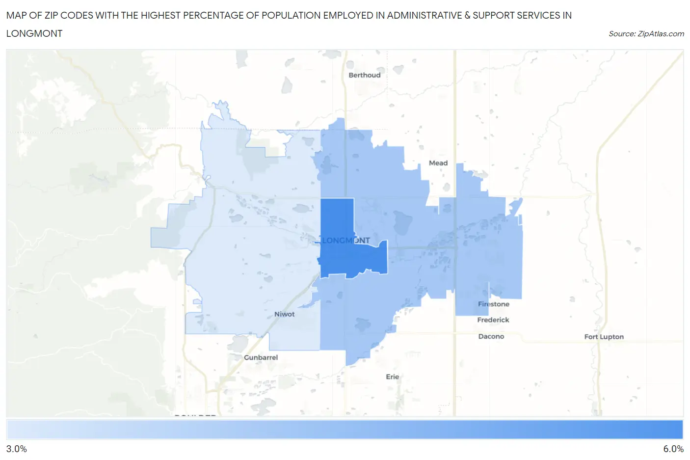 Zip Codes with the Highest Percentage of Population Employed in Administrative & Support Services in Longmont Map