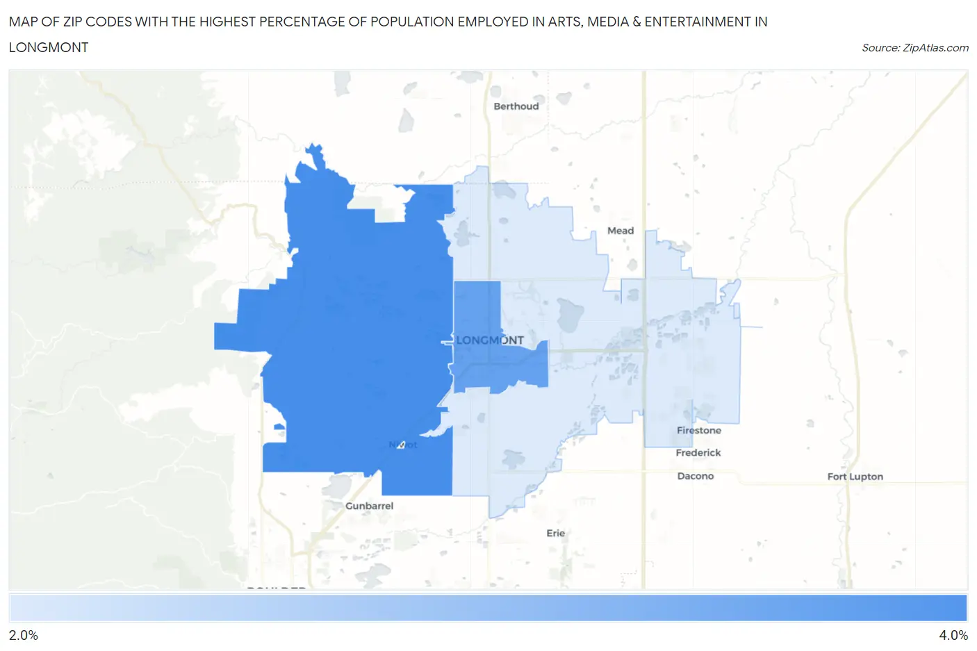 Zip Codes with the Highest Percentage of Population Employed in Arts, Media & Entertainment in Longmont Map