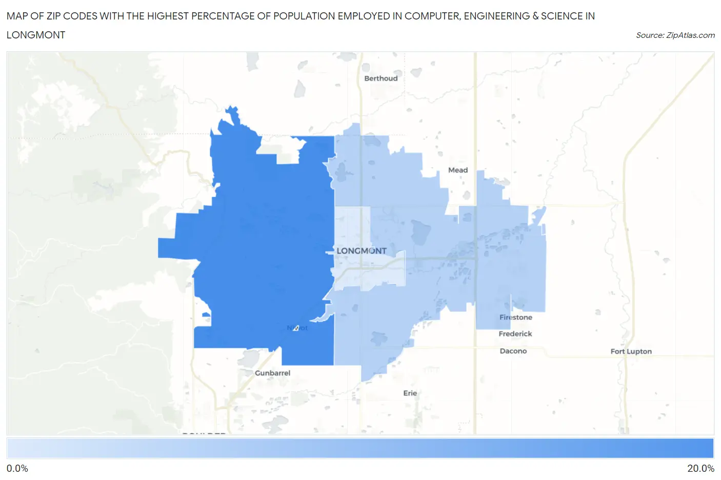 Zip Codes with the Highest Percentage of Population Employed in Computer, Engineering & Science in Longmont Map