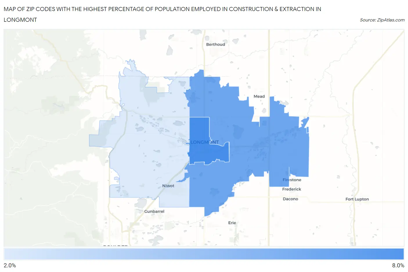 Zip Codes with the Highest Percentage of Population Employed in Construction & Extraction in Longmont Map