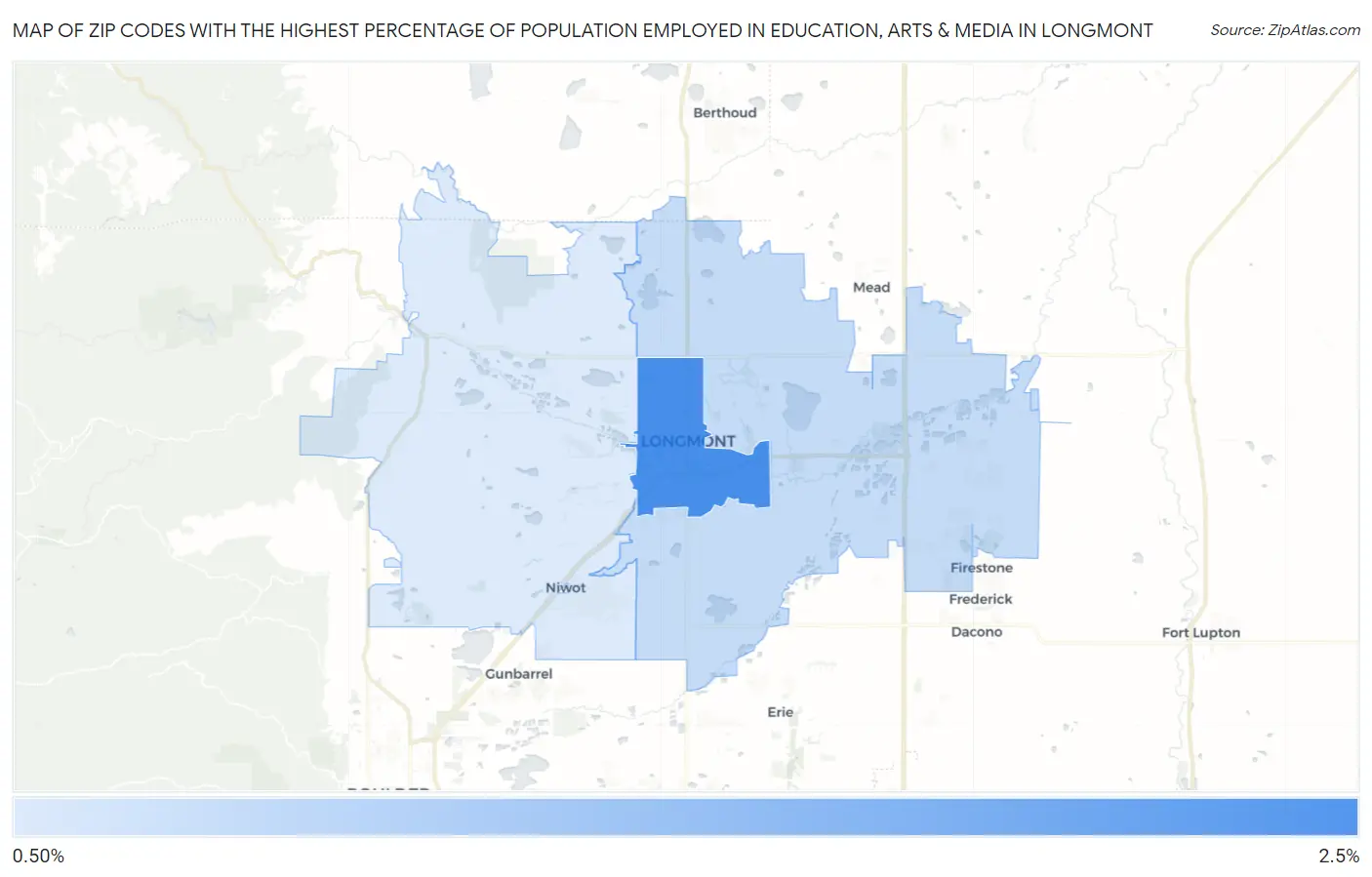 Zip Codes with the Highest Percentage of Population Employed in Education, Arts & Media in Longmont Map