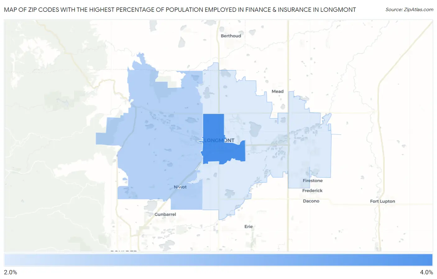 Zip Codes with the Highest Percentage of Population Employed in Finance & Insurance in Longmont Map