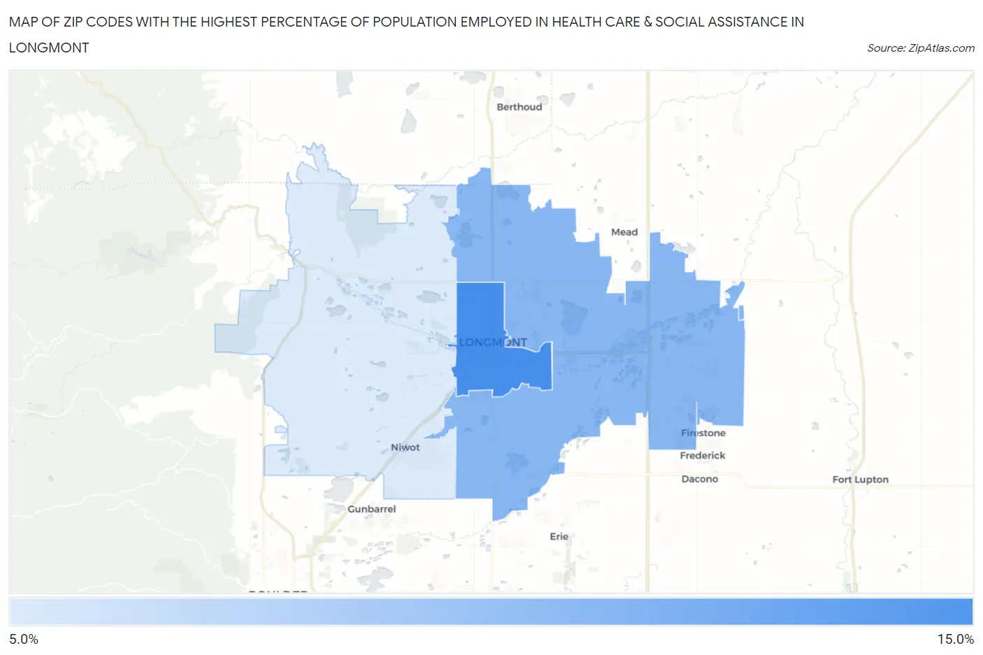 Zip Codes with the Highest Percentage of Population Employed in Health Care & Social Assistance in Longmont Map