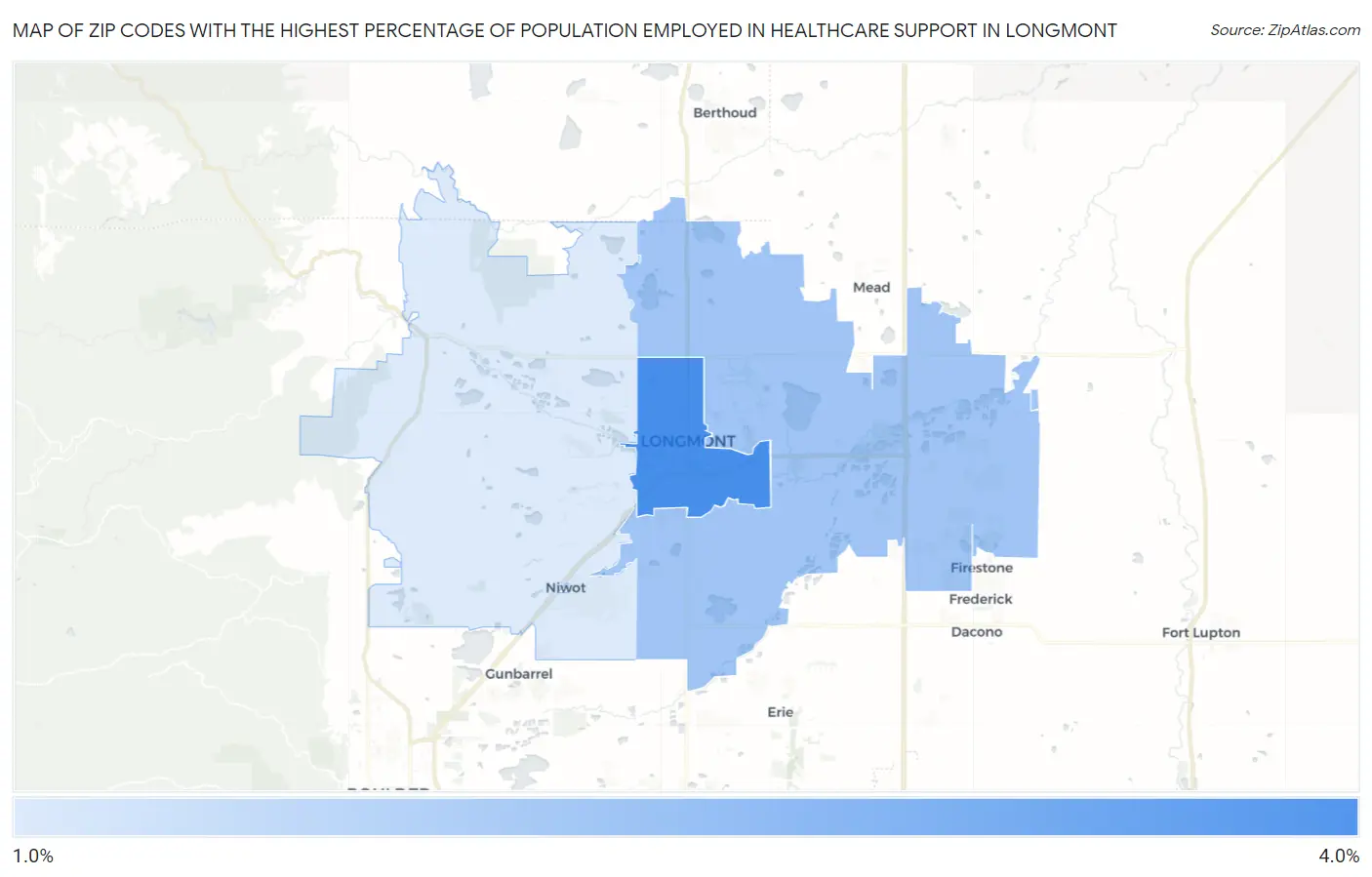 Zip Codes with the Highest Percentage of Population Employed in Healthcare Support in Longmont Map
