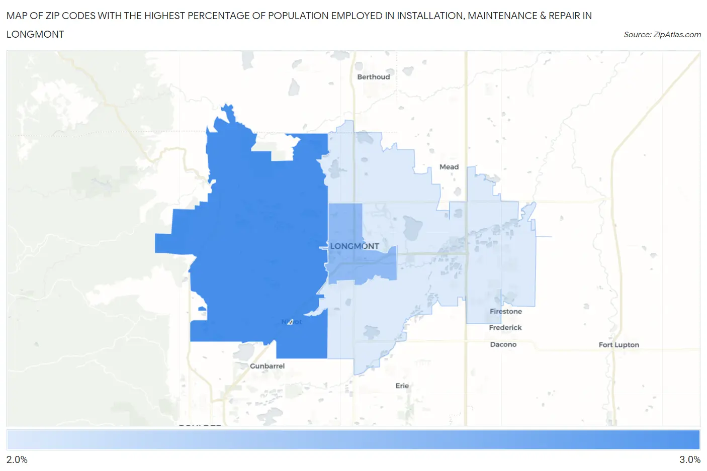 Zip Codes with the Highest Percentage of Population Employed in Installation, Maintenance & Repair in Longmont Map