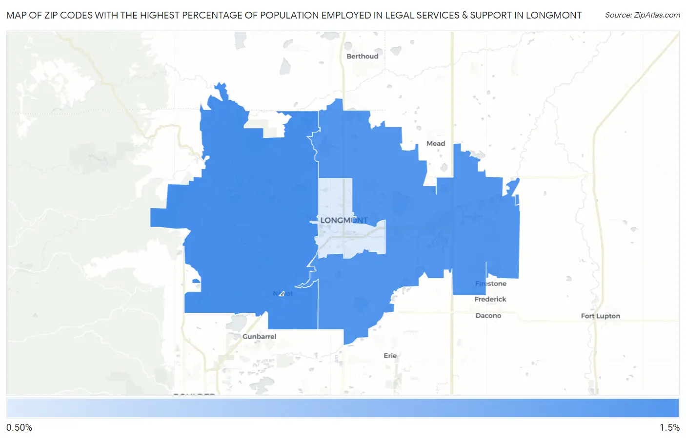 Zip Codes with the Highest Percentage of Population Employed in Legal Services & Support in Longmont Map