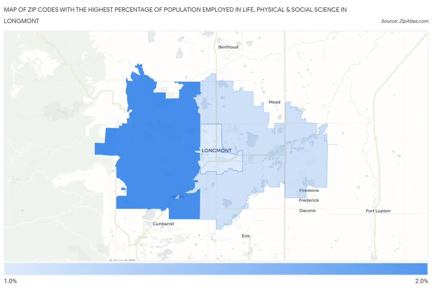 Zip Codes with the Highest Percentage of Population Employed in Life, Physical & Social Science in Longmont Map