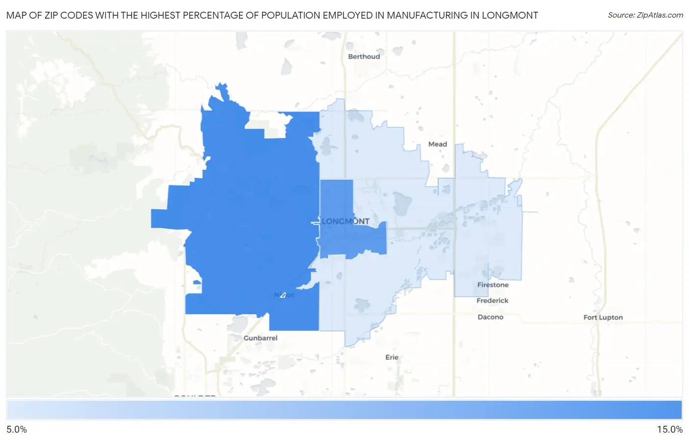 Zip Codes with the Highest Percentage of Population Employed in Manufacturing in Longmont Map