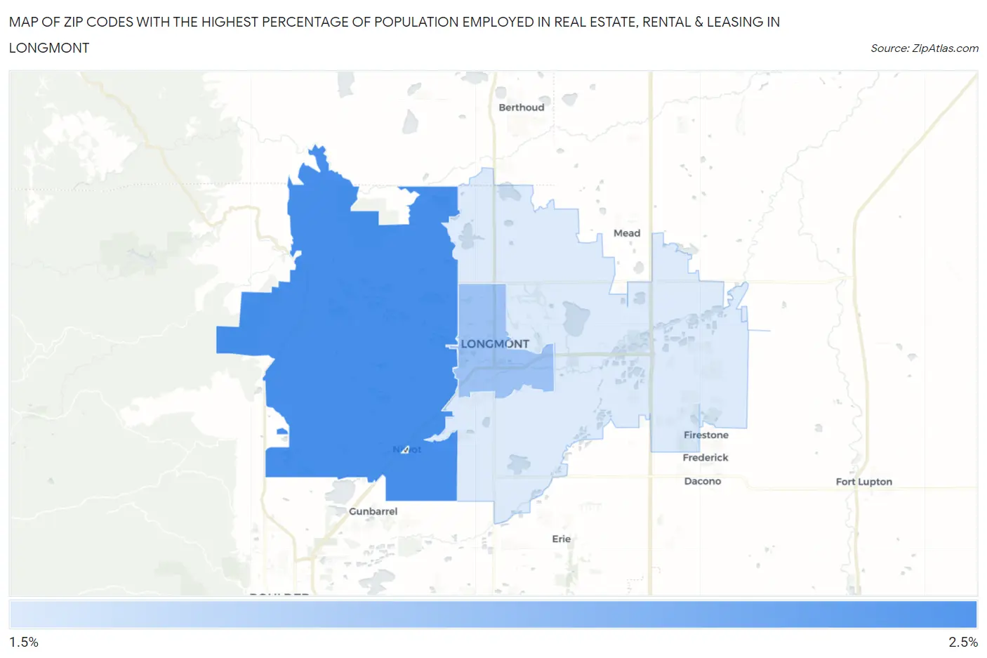 Zip Codes with the Highest Percentage of Population Employed in Real Estate, Rental & Leasing in Longmont Map
