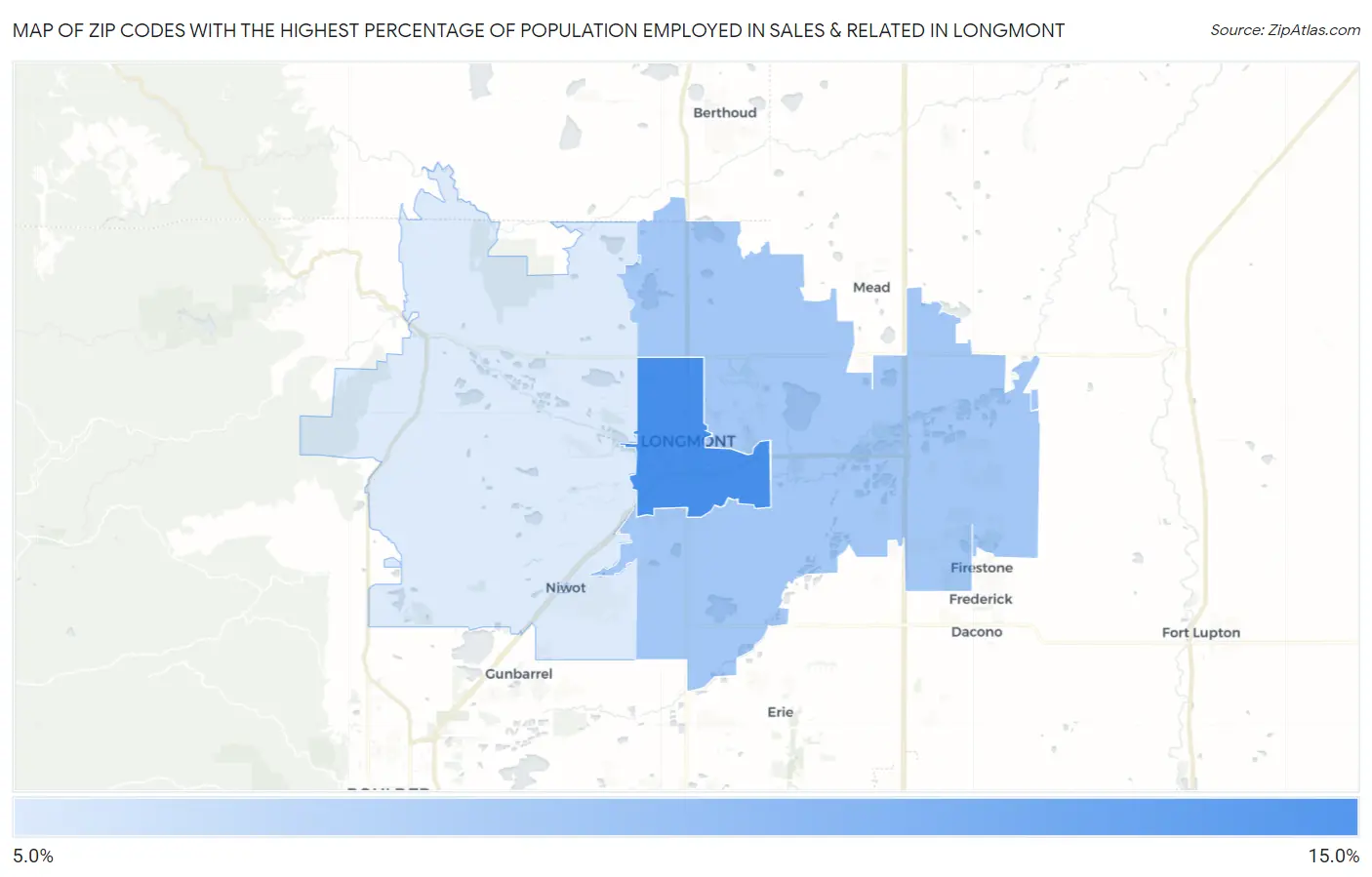 Zip Codes with the Highest Percentage of Population Employed in Sales & Related in Longmont Map