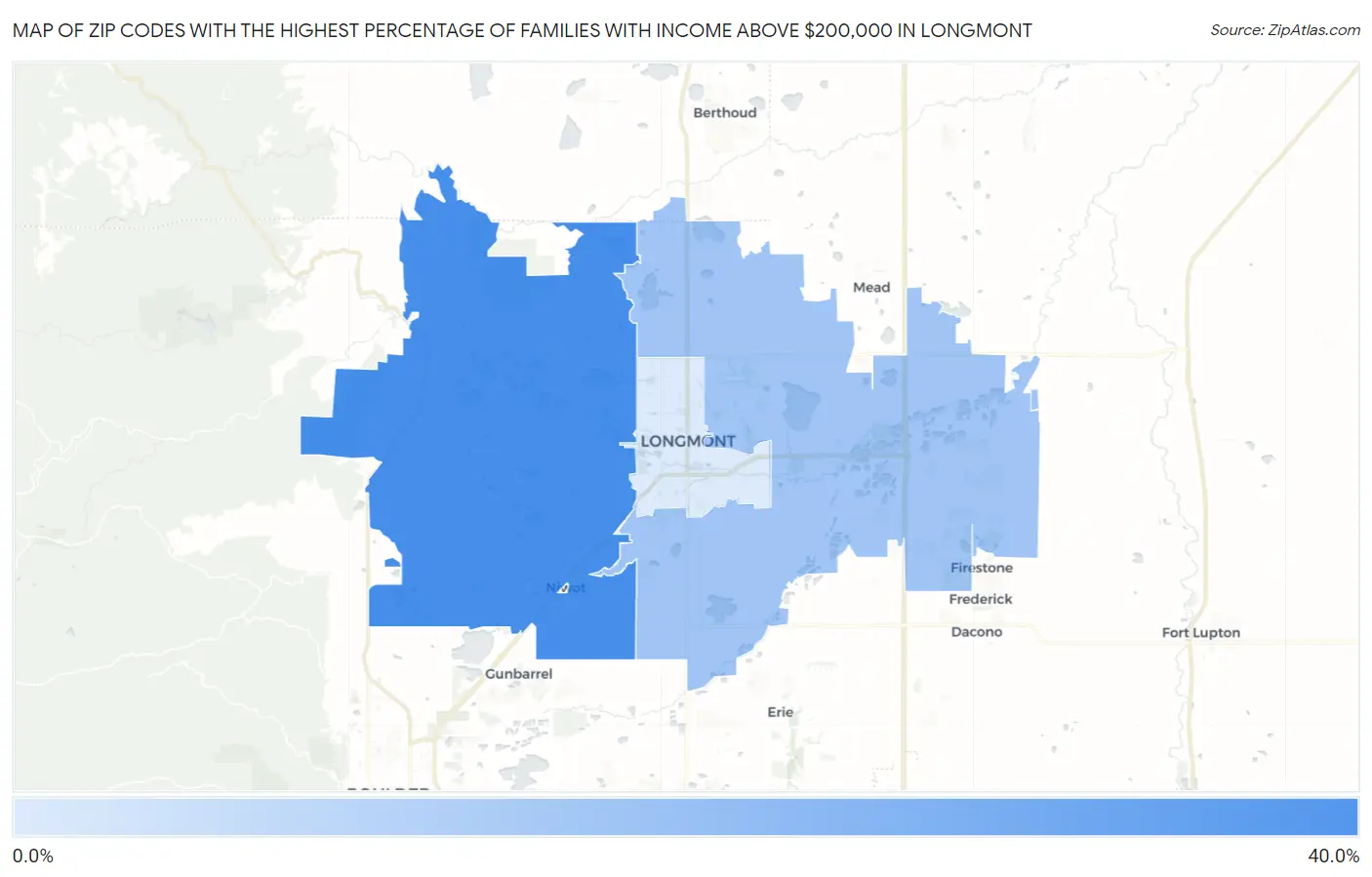 Zip Codes with the Highest Percentage of Families with Income Above $200,000 in Longmont Map