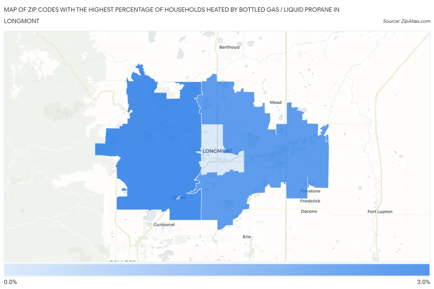 Zip Codes with the Highest Percentage of Households Heated by Bottled Gas / Liquid Propane in Longmont Map