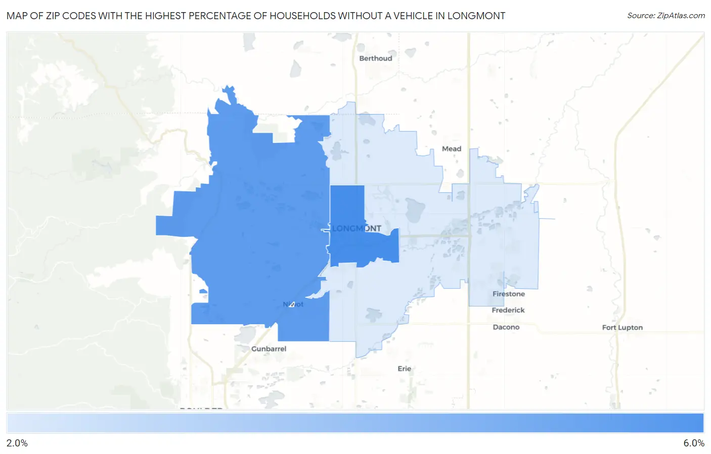 Zip Codes with the Highest Percentage of Households Without a Vehicle in Longmont Map