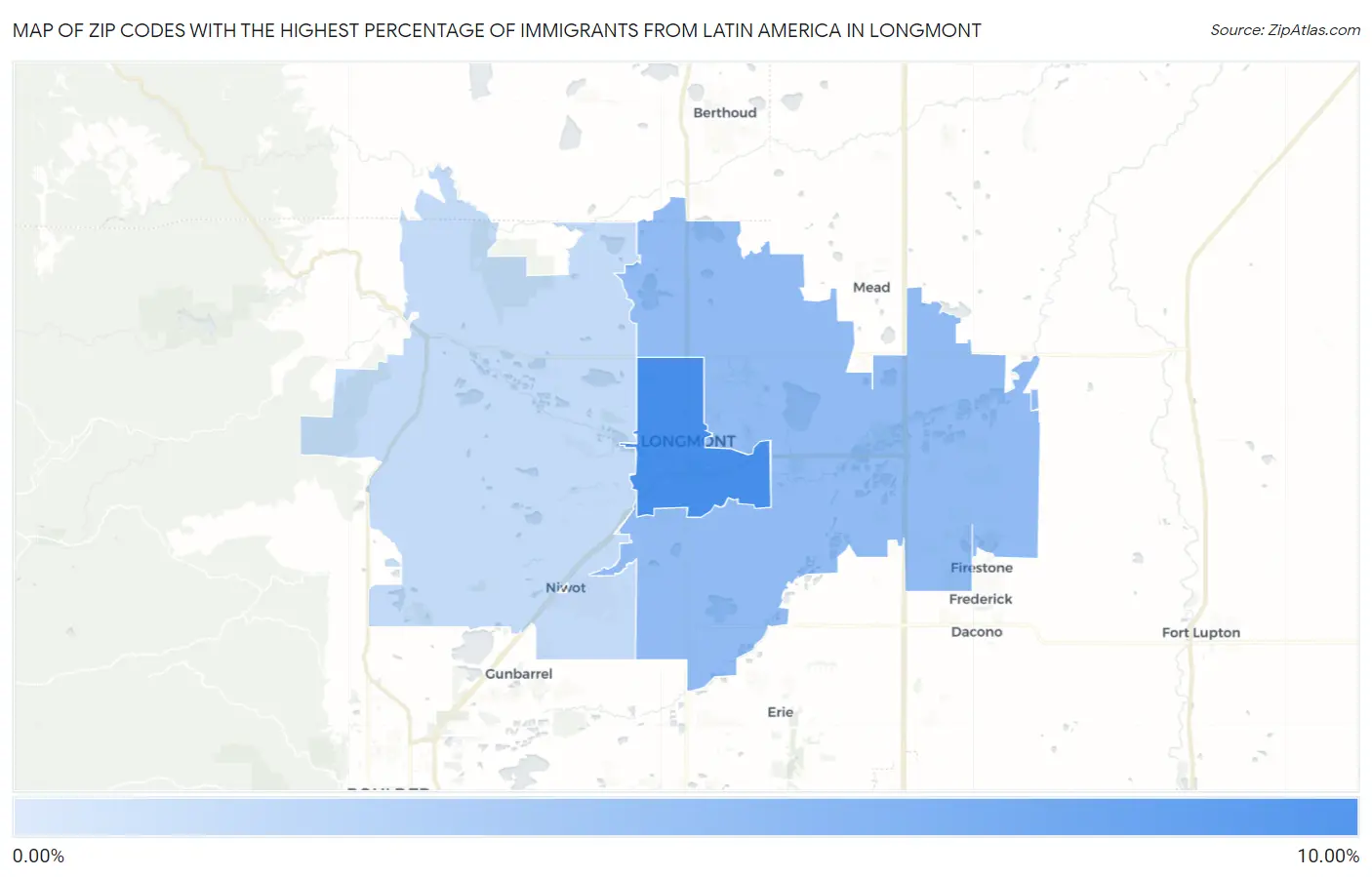 Zip Codes with the Highest Percentage of Immigrants from Latin America in Longmont Map