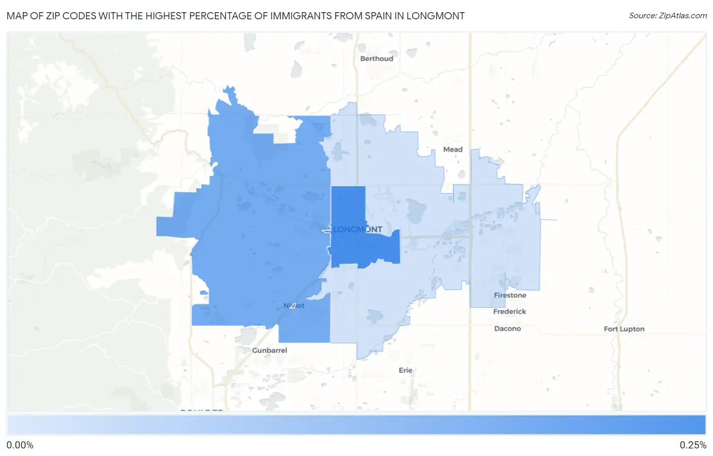 Zip Codes with the Highest Percentage of Immigrants from Spain in Longmont Map