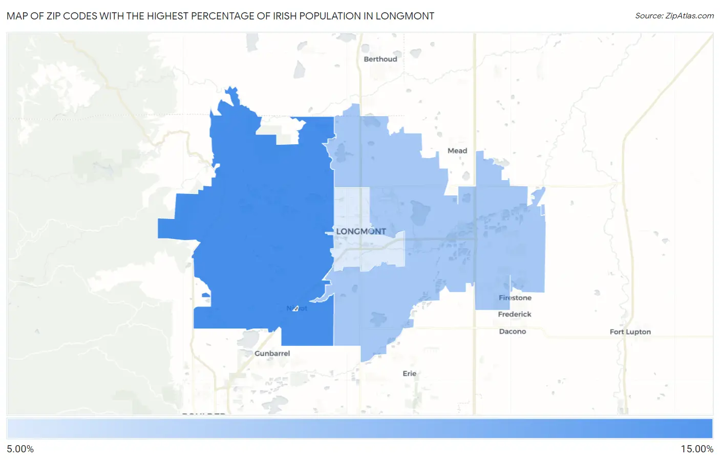 Zip Codes with the Highest Percentage of Irish Population in Longmont Map