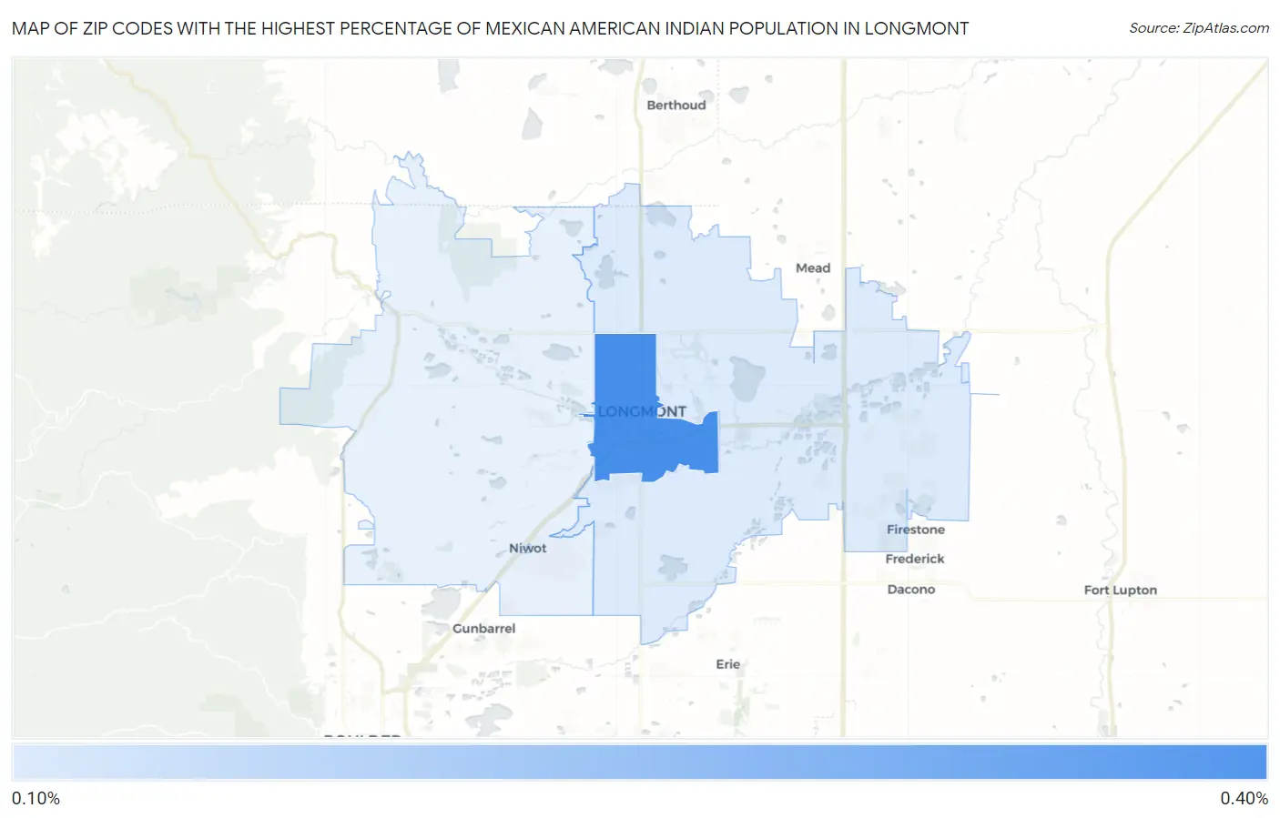 Zip Codes with the Highest Percentage of Mexican American Indian Population in Longmont Map