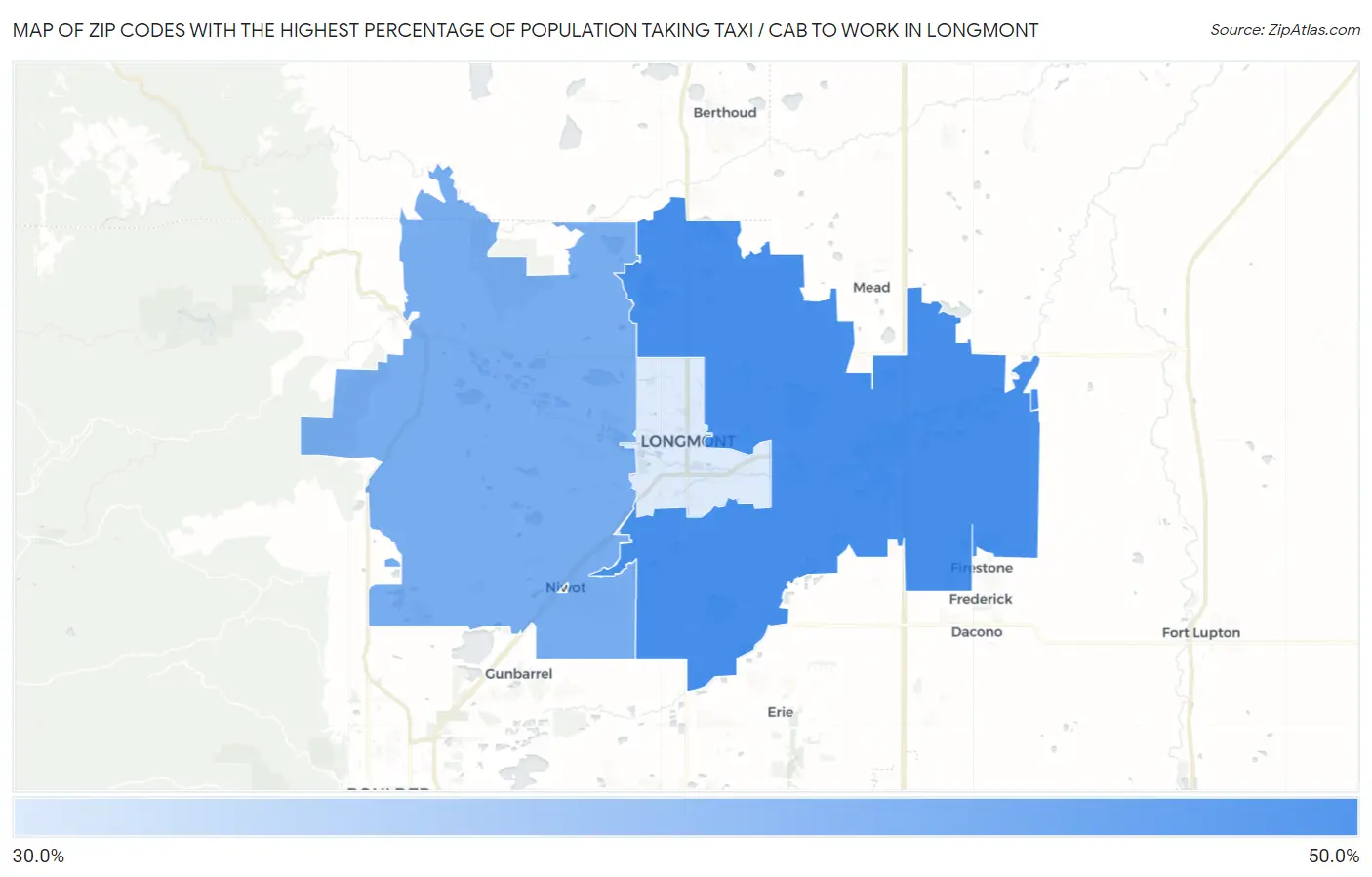 Zip Codes with the Highest Percentage of Population Taking Taxi / Cab to Work in Longmont Map