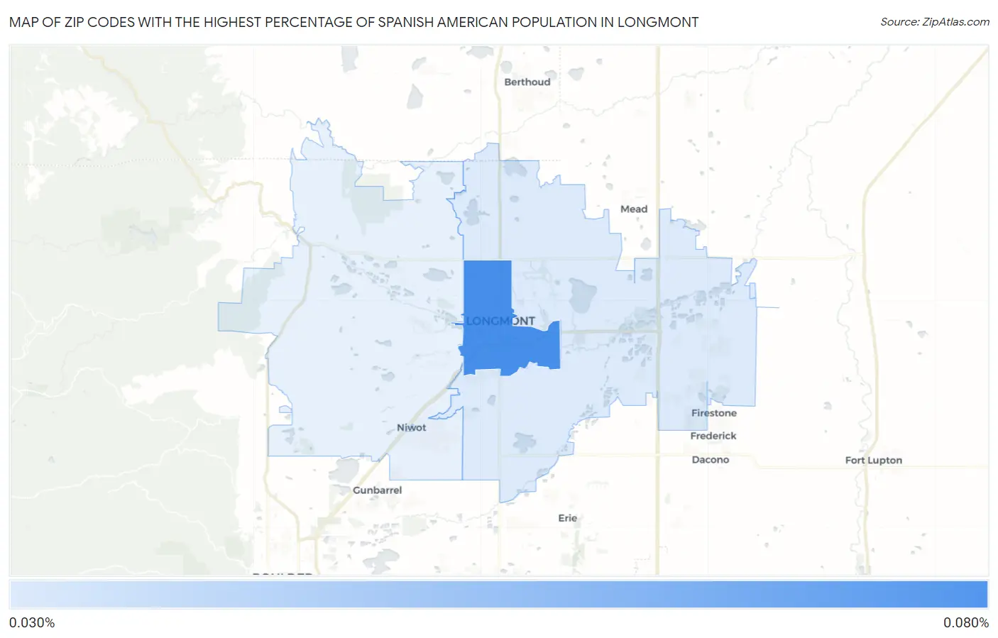 Zip Codes with the Highest Percentage of Spanish American Population in Longmont Map